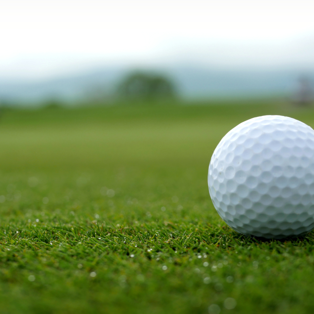 Golf ball on green lawn.