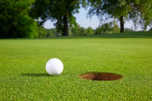 Golf ball on green lawn.