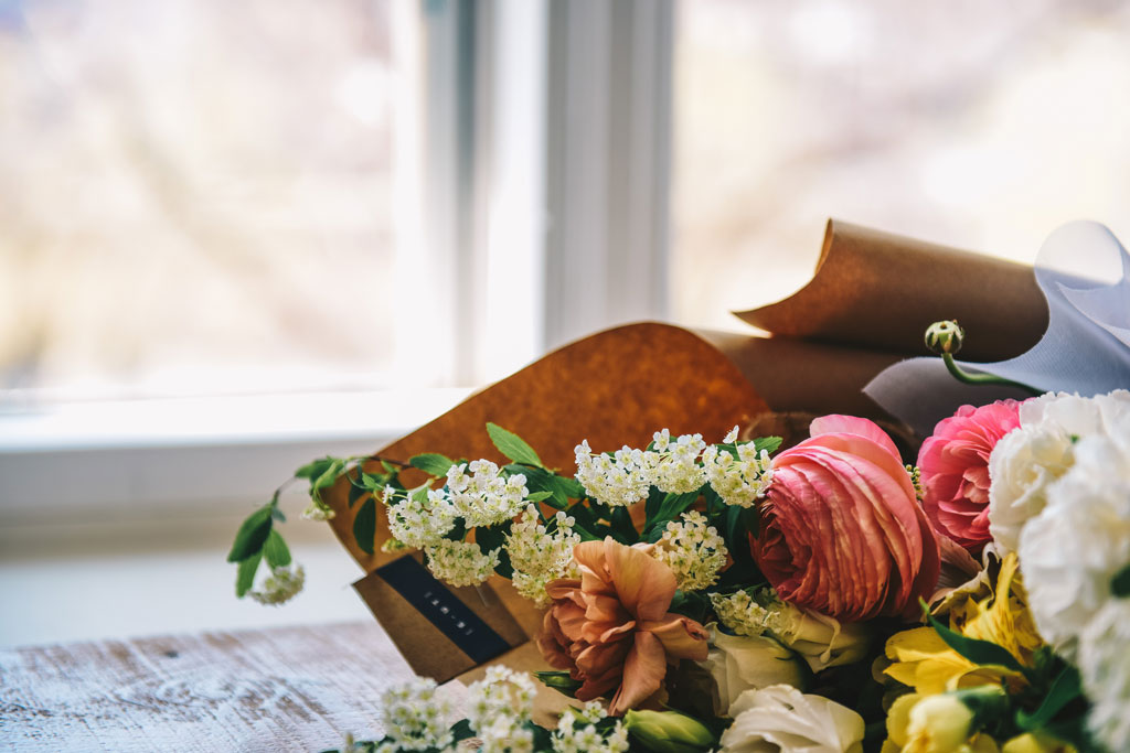 Bouquet of flowers on a table.