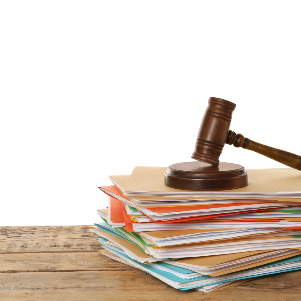 Gavel on a stack of files.