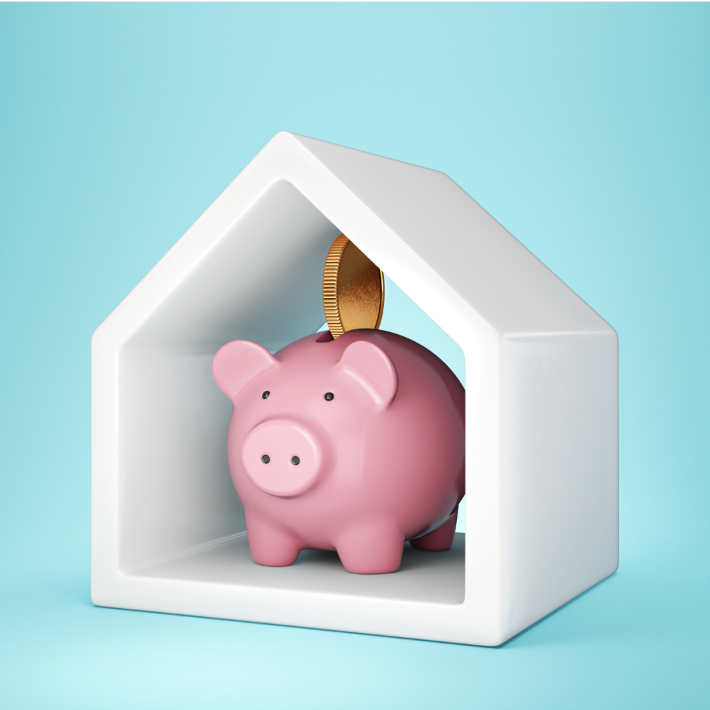 Piggy bank made of class with green house shape inside.