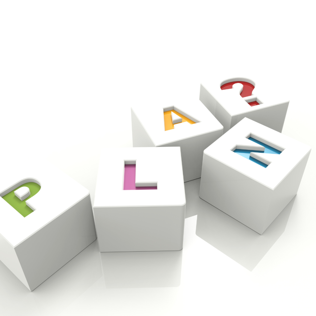 3D cubes that spell the word plan.