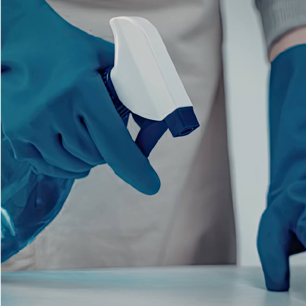 Person wearing gloves sanitizing a surface.