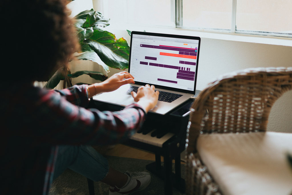 Woman working on her laptop at home.