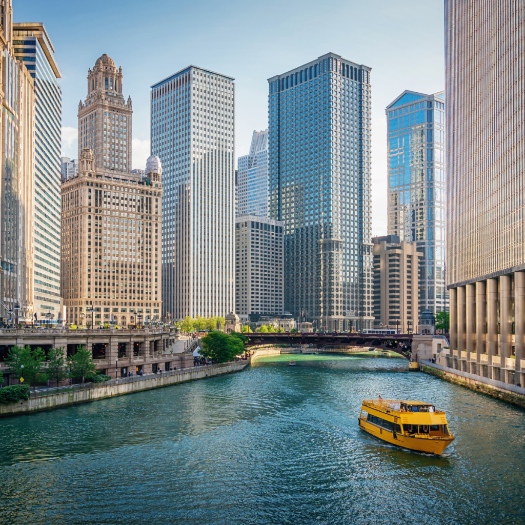 Downtown Chicago buildings in summer.