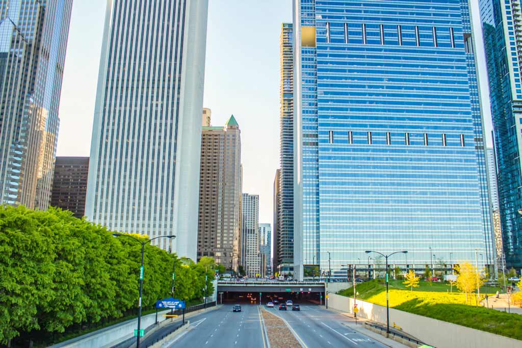 Downtown Chicago buildings in summer.